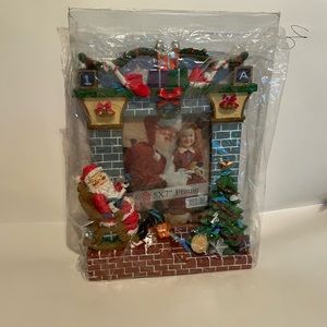 Vtg Santa Claus in chair  by fireplace, photo frame